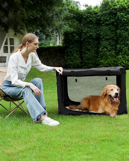24 Inch Collapsible Travel Dog Crate for Medium Large Dogs, Portable Dog Crate 4-Door Foldable Soft Kennel with Durable Mesh Windows for Indoor & Outdoor Travel, with Storage Bag,Black