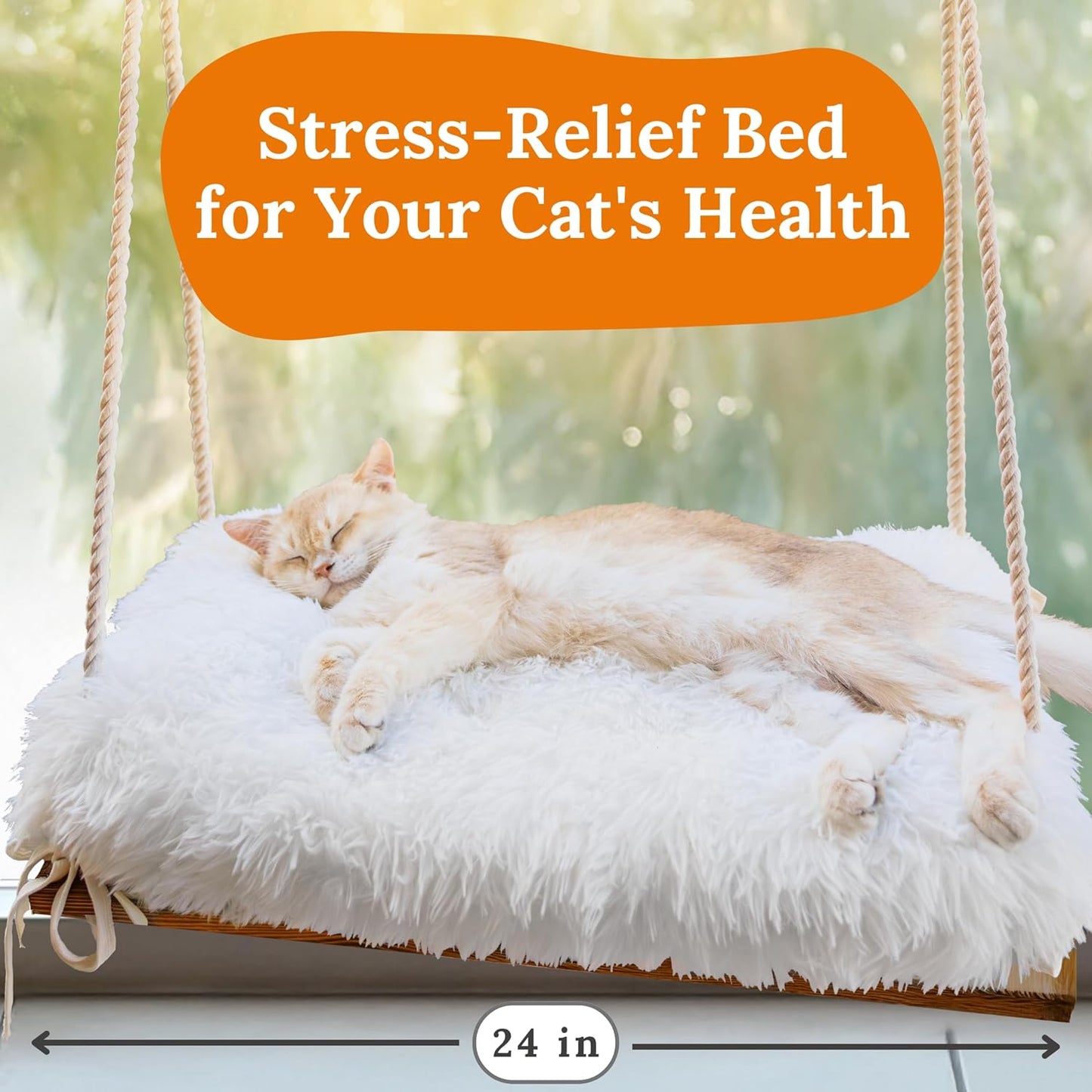 Cat Window Perch for Large Cats - Hammock Bed for Heavy Indoor Cats - Solid Wood Seat, 5 Strong Suction Cups, Soft Cushion - Rustic Shelf for Pets Inside