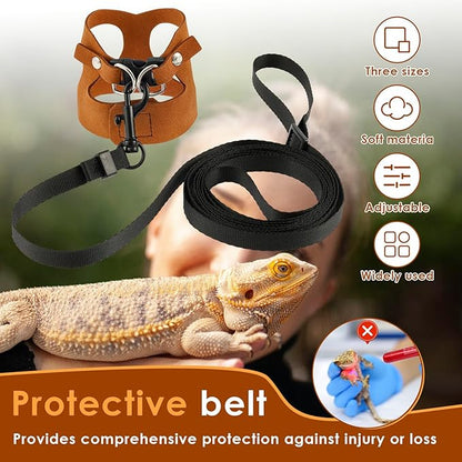 3 Pcs Bearded Dragon Harness and Leash Set, 3 Sizes Adjustable Soft Leather Lizard Harness with Leash, Small Animal Traction Rope Training Walking Vest for Bearded Dragon Lizard Squirrel