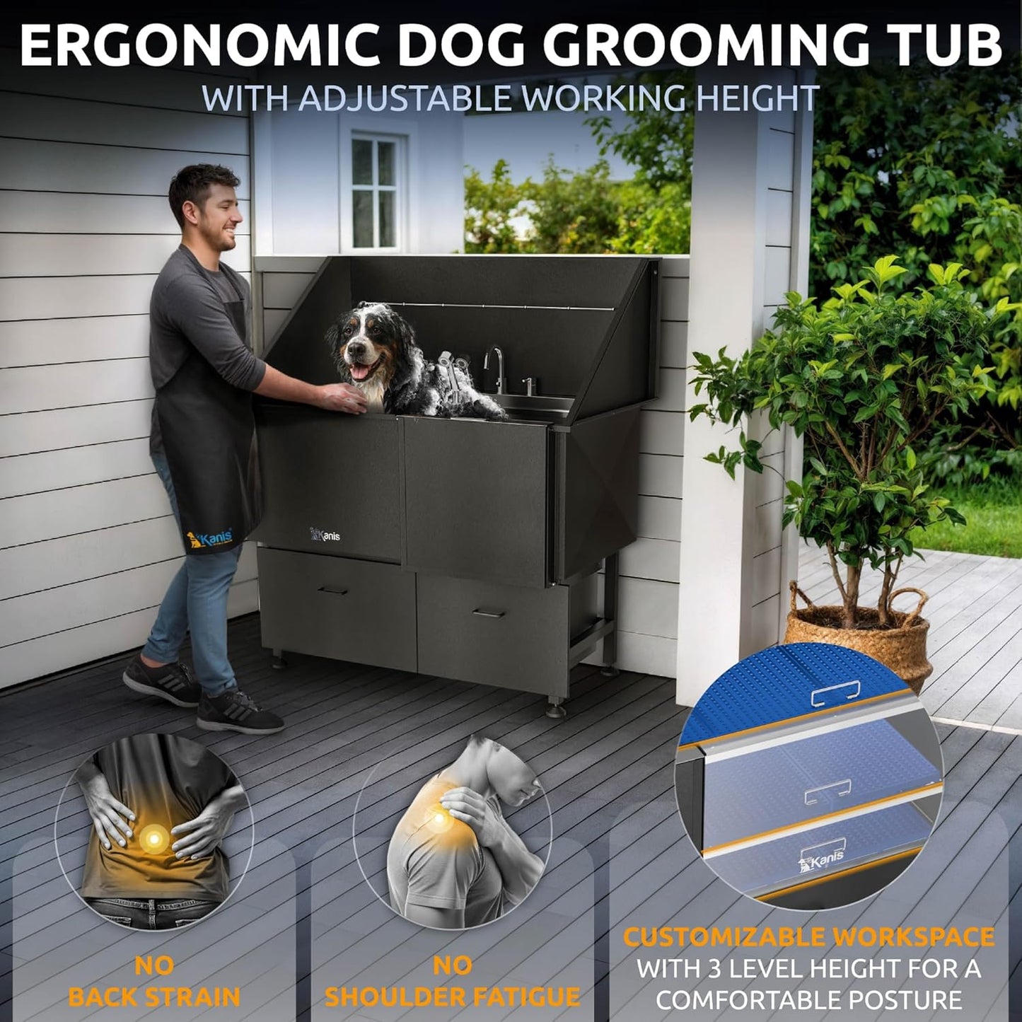 KANIS Black Line Professional Dog Washing Station - 304 Stainless Steel Pet Wash Sink & Grooming Bathtub w/Shower, Floor Grates and Storage for Large, Medium & Small Pets (50", 2 Drawers - Right Ramp)