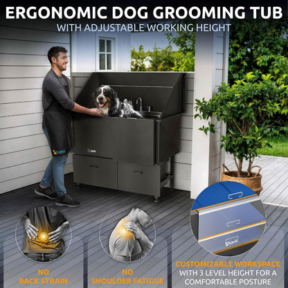 KANIS Black Line Professional Dog Washing Station - 304 Stainless Steel Pet Wash Sink & Grooming Bathtub w/Shower, Floor Grates and Storage for Large, Medium & Small Pets (50", 2 Drawers - Right Ramp)