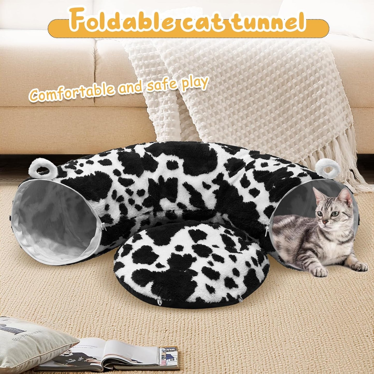 Cat Tunnel Bed for Indoor Cats, Soft Plush Donut Peekaboo Cat Cave, Multifunctional Playground Toy for Small Medium Large Cats, Kittens, Rabbits, Ferrets, with Washable Cushion (Black&White)