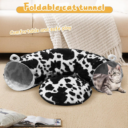 Cat Tunnel Bed for Indoor Cats, Soft Plush Donut Peekaboo Cat Cave, Multifunctional Playground Toy for Small Medium Large Cats, Kittens, Rabbits, Ferrets, with Washable Cushion (Black&White)