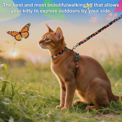 Cat Harness and Leash Set with Matching Collar – Escape Proof Harness for Cats, Adjustable & Lightweight, Geometric Print, Easy Wear for Outdoor Walking & Training