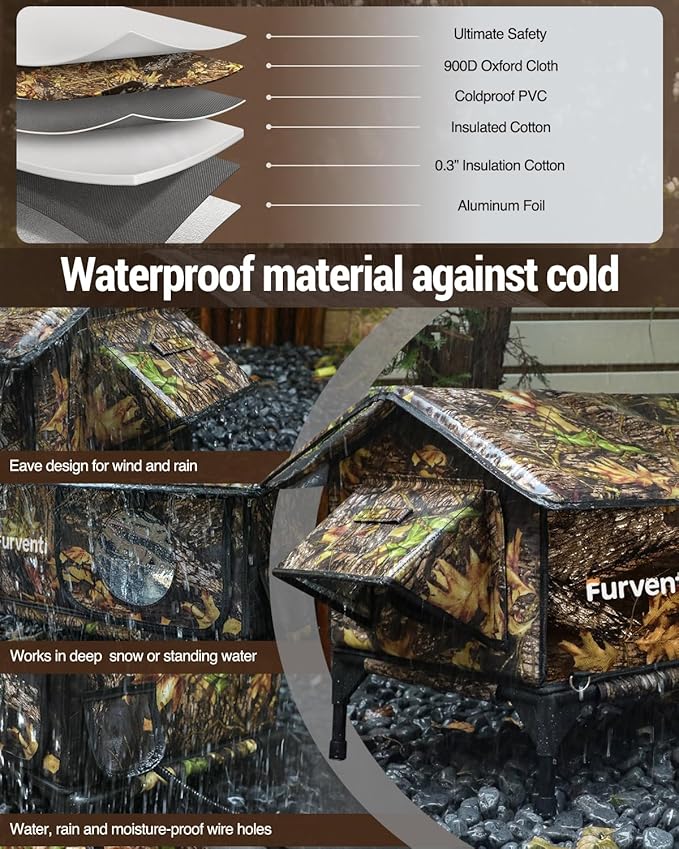 Heated Cat House for Outside,Extremely Weatherproof&Insulated in Winter,Elevated Outdoor Cat Shelter with Waterproof Eaves&Escape Door for Feral Stray Barn Cats(Leaves,M)