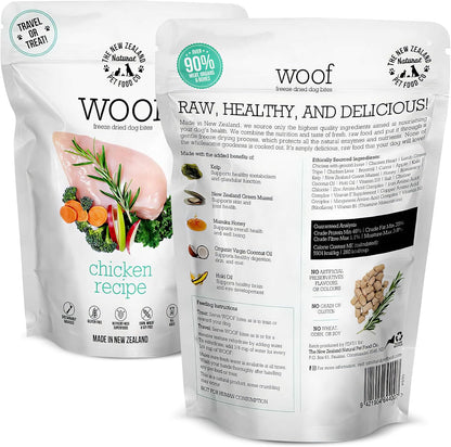 The New Zealand Natural Pet Food Co Woof Freeze Dried Dog Food - Chicken Recipe, High Protein, Dog Food Topper & Dog Treats, All Life Stages, 1.76 oz