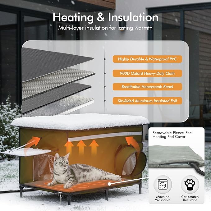 Heated Outdoor cat House for Outside, Weatherproof Insulated Feral Cat Shelter with Timer-Temp Control Heating Pad in Winter, Large Elevated Outdoor Cat House with Zipper, 2 Doors, Safety- Army Green