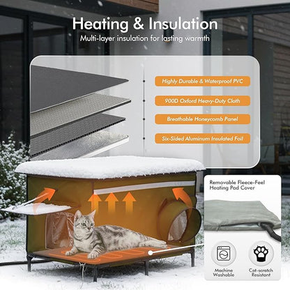 Heated Outdoor cat House for Outside, Weatherproof Insulated Feral Cat Shelter with Timer-Temp Control Heating Pad in Winter, Large Elevated Outdoor Cat House with Zipper, 2 Doors, Safety- Army Green