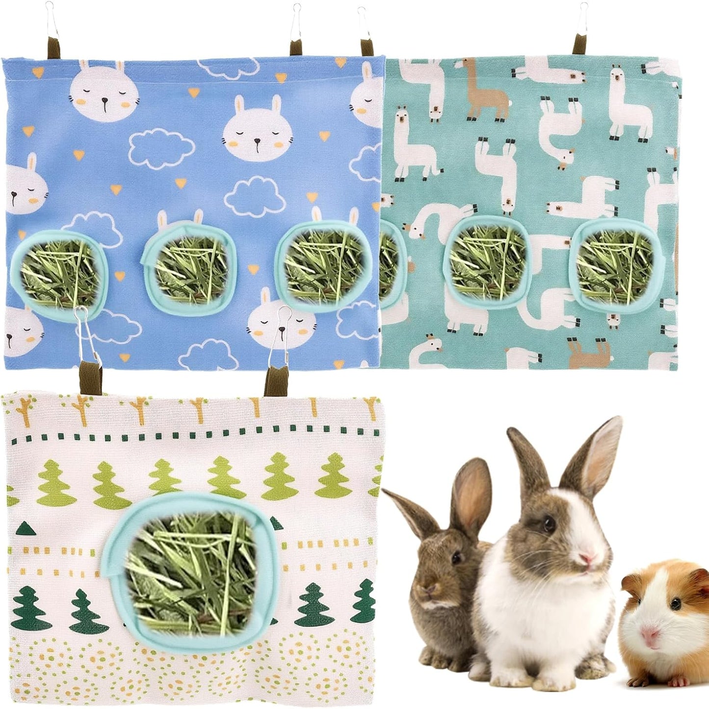 3pcs Hay Bag for Rabbits, 3 Holes Guinea Pig Hay Bag Hanging Hays Feeder Save Space Large Capacity Storage Dispenser for Bunny Chinchillas Hamsters Rats and Other Small Pets Small Animal