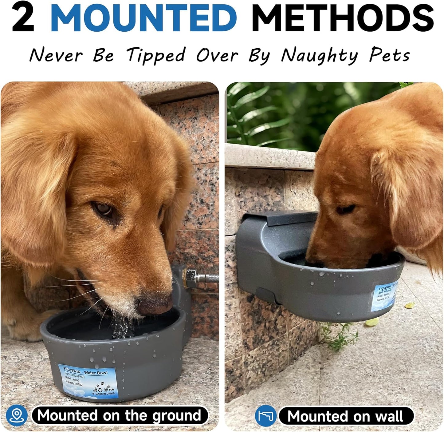 Automatic Dog Water Dispenser with Anti-tip Bracket, 68 oz Outdoor Dog Water Bowl Dispenser, Auto Refill Water Feeder for Pets & Livestock, Food Grade Waterer Fit 3/4" GHT Faucet, Wide Mouth