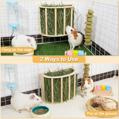 2PCS Guinea Pig Hay Feeder - Wooden Rabbit & Bunny Hay Holder Hanging Rack with Instructions - Suitable for Chinchilla, Ferret & Rabbit Cages