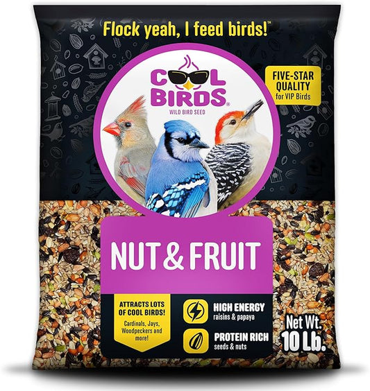 Nut & Fruit Wild Bird Seed – 10 lb. Gourmet Bird Food with Sunflower Hearts, Peanuts, Tree Nuts & Real Fruit – No Corn, Milo or Millet Bird Seed for Outside Feeders
