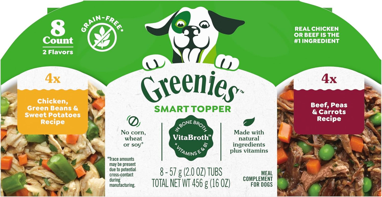 Greenies Smart Topper High Protein Wet Mix-in for Dogs, Chicken, Green Beans, and Sweet Potatoes Recipe & Beef, Peas, and Carrots Recipe Variety Pack, 8 Trays of 2oz.