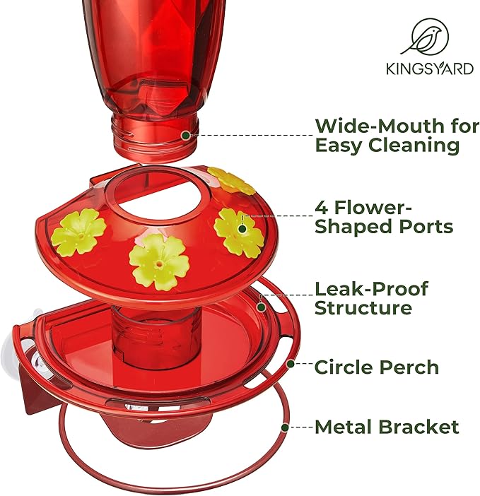 Kingsyard Window Hummingbird Feeder for Outside, 14 Oz Hummer Bird Nectar Feeder with 4 Feeding Ports & Circle Perch, Easy to Clean and Refill, Hummingbird Gifts (Red)