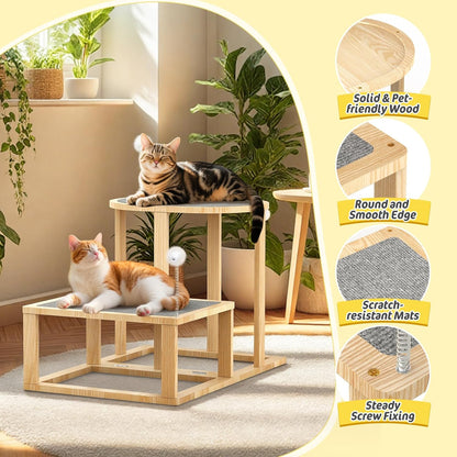 Pawaboo Cat Beds and Stairs, 2-Step Kitten Scratcher Hammock Bed with Cat Teasers & Hanging Ball, Wooden Kitties Hammock Staircase for High Beds Couch,Stair Shaped Cats Bed for Indoor Climbing Playing