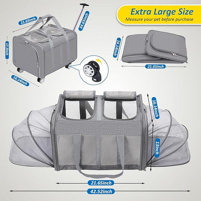 Expandable Pet Carrier with Wheels, Double Cat Dog Carrier 21"x 17"x 16" up to 40 Lbs, Rolling Pet Carrier for Cats and Dogs, Extra Large Pet Travel Carrier, Ideal for Outdoor/Travel