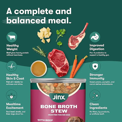 Jinx Bone Broth Stew for Dogs - Beef & Vegetables Recipe - Grain-Free Wet Dog Food & Topper for Picky Eaters - Promotes Lean Muscle Growth, A Healthy Coat & Improved Digestion - 13 Oz, 12 Pack