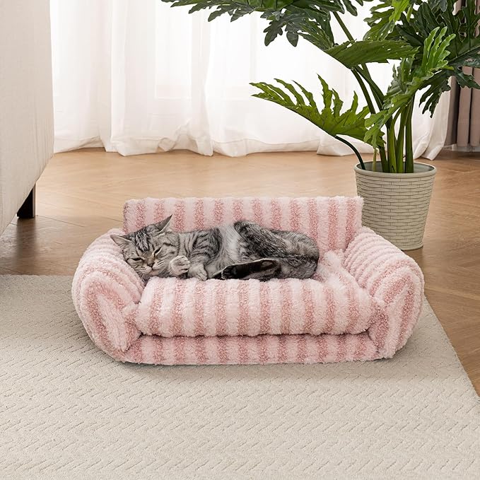 Hollypet Cat Bed Fluffy Plush Mutifuctional Double-Layer Soft Pet Couch Orthopedic Sofa Nest Beds for Small Cats and Dogs, Pink (21x15x8 inch)
