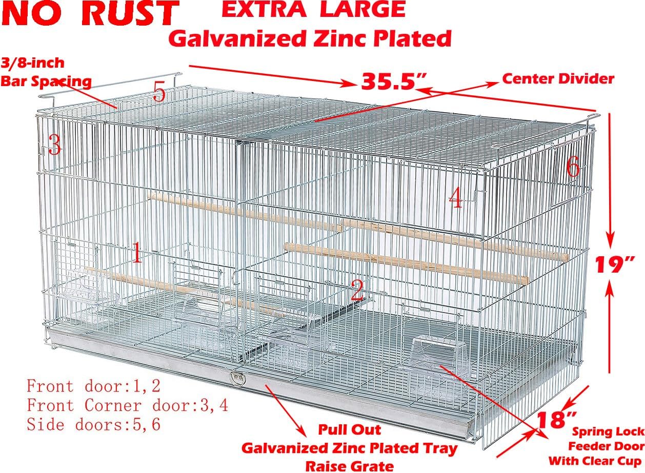 LOT of Extra Large 35.5" x 18" x 19"H No Rust Stainless Galvanized Zinc Plated Stackable Breeder Bird Flight Cage with Removable Center Divider and Breeding Nest Doors