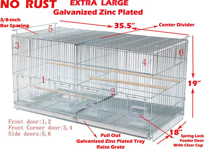 LOT of Extra Large 35.5" x 18" x 19"H No Rust Stainless Galvanized Zinc Plated Stackable Breeder Bird Flight Cage with Removable Center Divider and Breeding Nest Doors