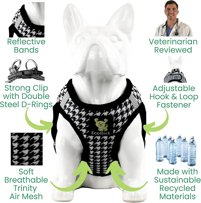 EcoBark Step in Dog Harness - Teacup Dog Harnesses for XXS, XS, and Small Dogs - Soft Mini Body Halter - Puppy to Senior Dogs - Dog Harness Vest Under 5 pounds lbs (XXS, Houndstooth)
