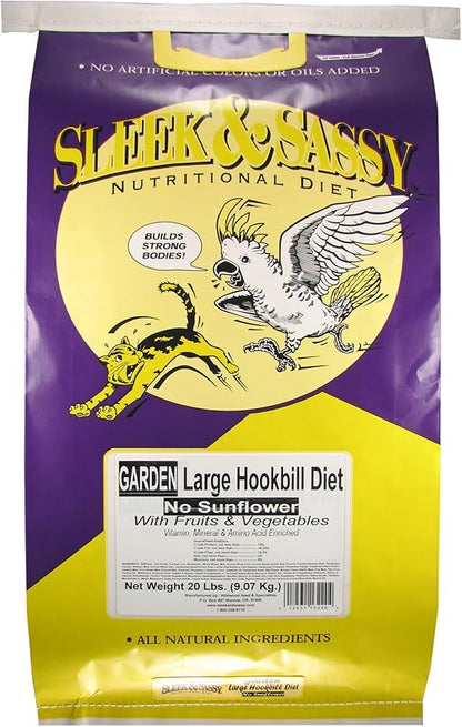 SLEEK & SASSY Garden Large Hookbill No Sunflower Parrot Food for Large Conures, Amazons, African Greys, Cockatoos, Pionus-Parrots & Small Macaws (20 lbs.)
