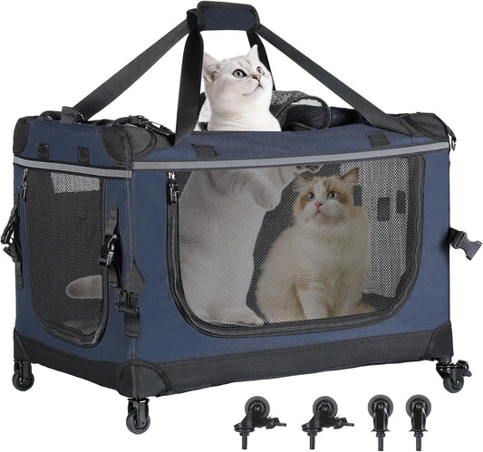24-inch Foldable Cat Carrier with Removable Wheels – Large Pet Travel Carrier for Cats & Small Dogs, Breathable & Sturdy for Car Rides (Holds up to 44lbs)