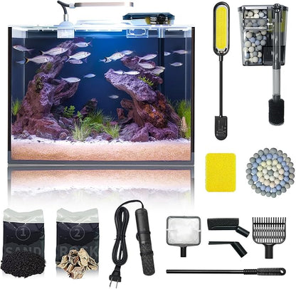 5 Gallon Small Aquarium Set Glass Fish Tank 6 Gallon, Starter Kit with Heater Self Cleaning System Filter Bright Light Rocks Gravel Cleaning Tool, Leak-Proof Clear Rimless Betta Plants