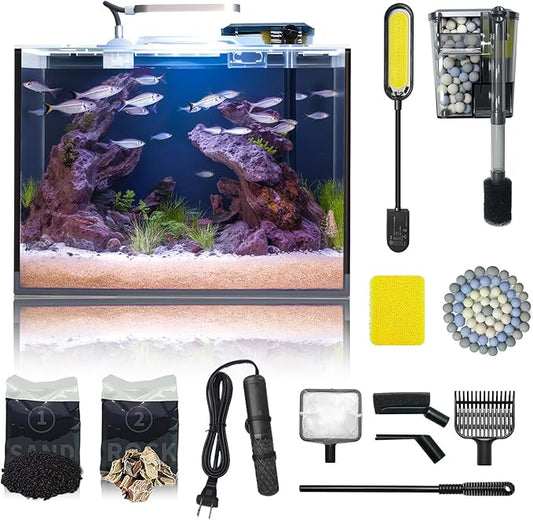 5 Gallon Small Aquarium Set Glass Fish Tank 6 Gallon, Starter Kit with Heater Self Cleaning System Filter Bright Light Rocks Gravel Cleaning Tool, Leak-Proof Clear Rimless Betta Plants