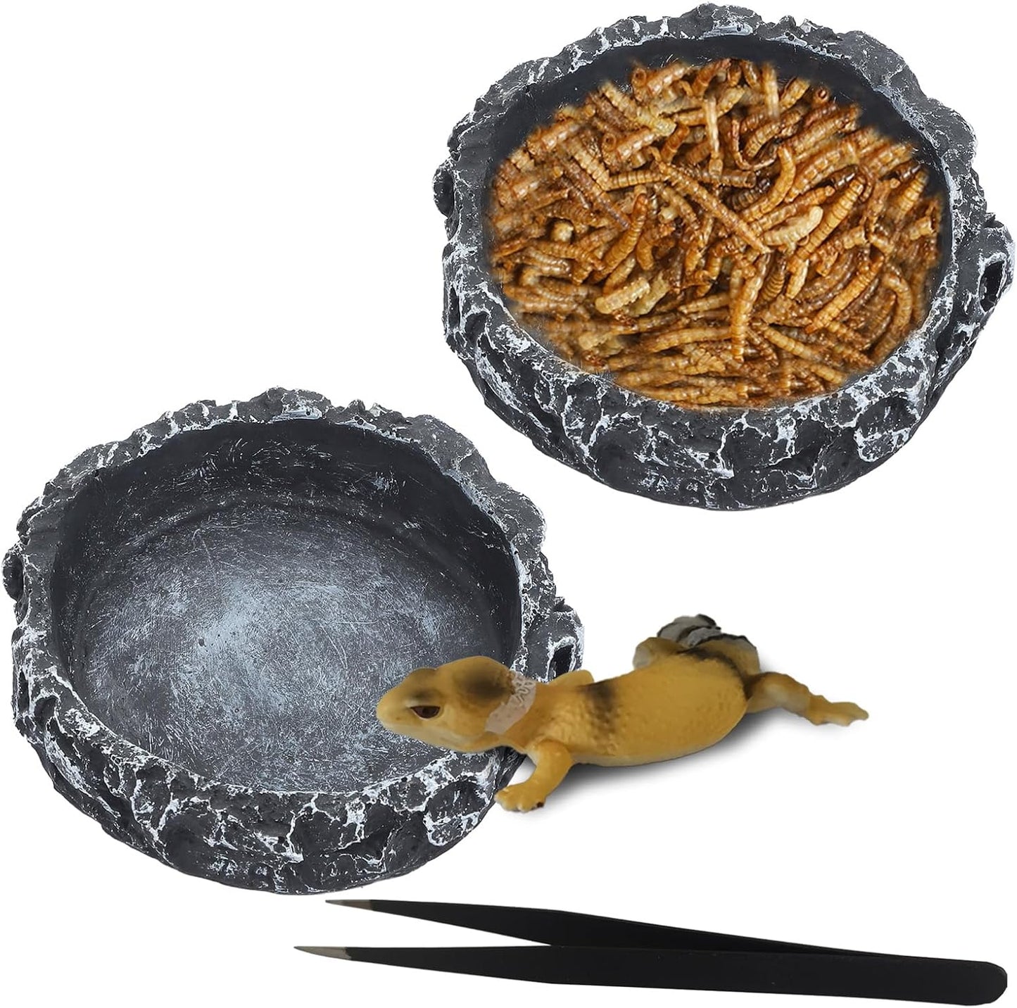 IBWell 2pcs Reptile Water Bowl with Feeding Tweezers - Feeding Dish for Lizard, Snake, Tortoise & Small Animals - Grey Rock