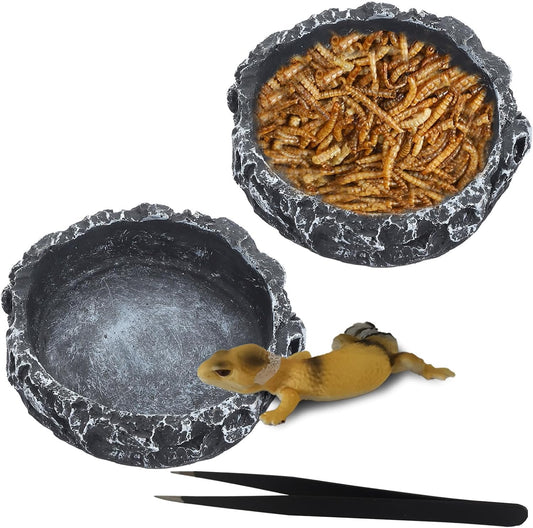 IBWell 2pcs Reptile Water Bowl with Feeding Tweezers - Feeding Dish for Lizard, Snake, Tortoise & Small Animals - Grey Rock