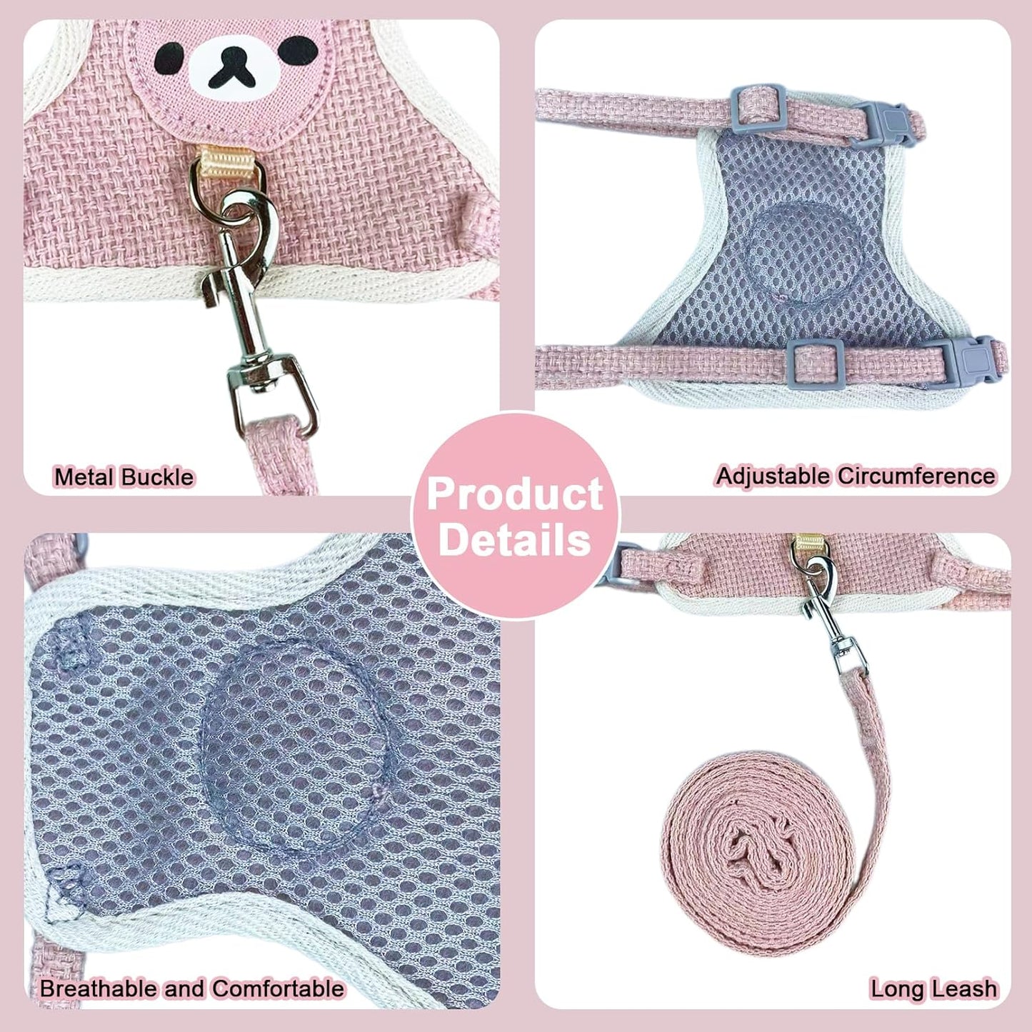 2-Pack Rabbit Harness and Leash Set – Adjustable Small Animal Vest Harness with Safety Buckle – Breathable & Lightweight – Ideal for Rabbits, Ferrets, Guinea Pigs, and Cats (Pink)