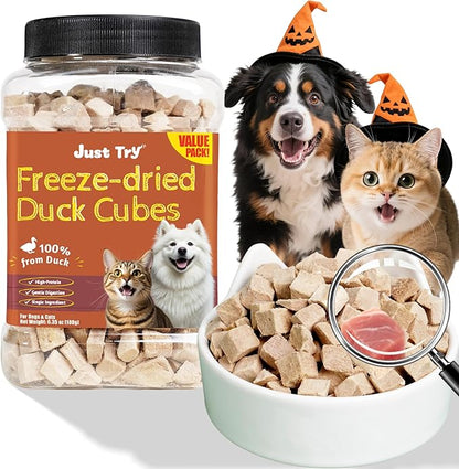 Just Try 6.35 oz Freeze-Dried Duck Cubes for Dogs & Cats – Single-Ingredient Dog Treats&cat Treats, Grain-Free, High Protein, Low Fat, Supports Skin & Joint Health – Natural Training Treats