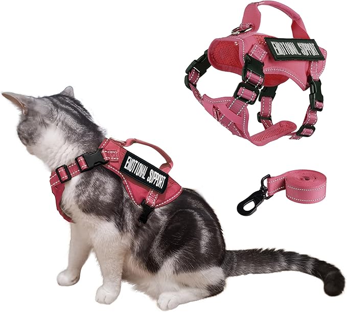 Tactical Cat Harness Adjustable Soft Padded Training Walking Esacpe Cat Vest Harness No-Pull Pet Harness Reflective with Easy Control Handle (Pink, Leash-L)