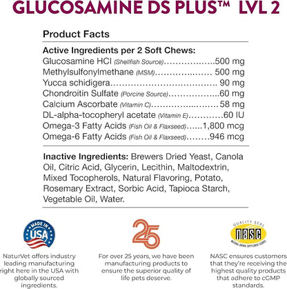 NaturVet – Glucosamine DS Plus - Level 2 Moderate Care – Supports Healthy Hip & Joint Function – Enhanced with Glucosamine, MSM & Chondroitin – for Dogs & Cats–70 Soft Chews
