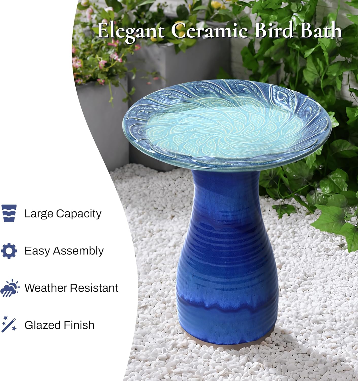 LuxenHome 20 Inch Ceramic Bird Bath for Outside, Elegant Tall Outdoor Bird Bath, Lightweight Pedestal Glazed Birdbaths for Outdoors with Leaf Pattern, Deep Cobalt Blue