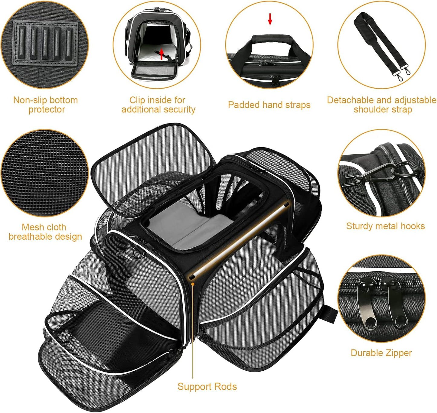 Estarer Soft Sided Pet Carrier Airline Approved, 4 Sides Expandable Collapsible Cat Carrier with Pockets & Removable Fleece Pad, Travel Carrier Bag for Cat Dog & Small Animals (Black)