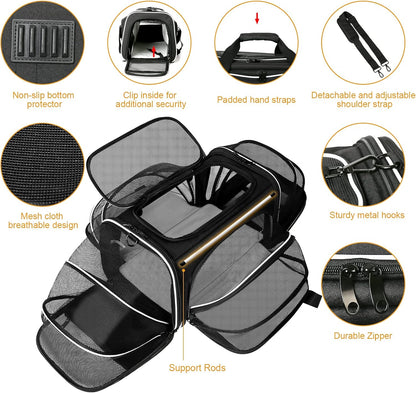 Estarer Soft Sided Pet Carrier Airline Approved, 4 Sides Expandable Collapsible Cat Carrier with Pockets & Removable Fleece Pad, Travel Carrier Bag for Cat Dog & Small Animals (Black)