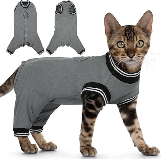 PUMYPOREITY Cat Recovery Suit for Hind Legs, Cat Surgical Spay Suit with Leg Sleeves to Stop Licking, Long Rear Sleeve Wound Cover Abdomen Kitten Onesie, Grey, M