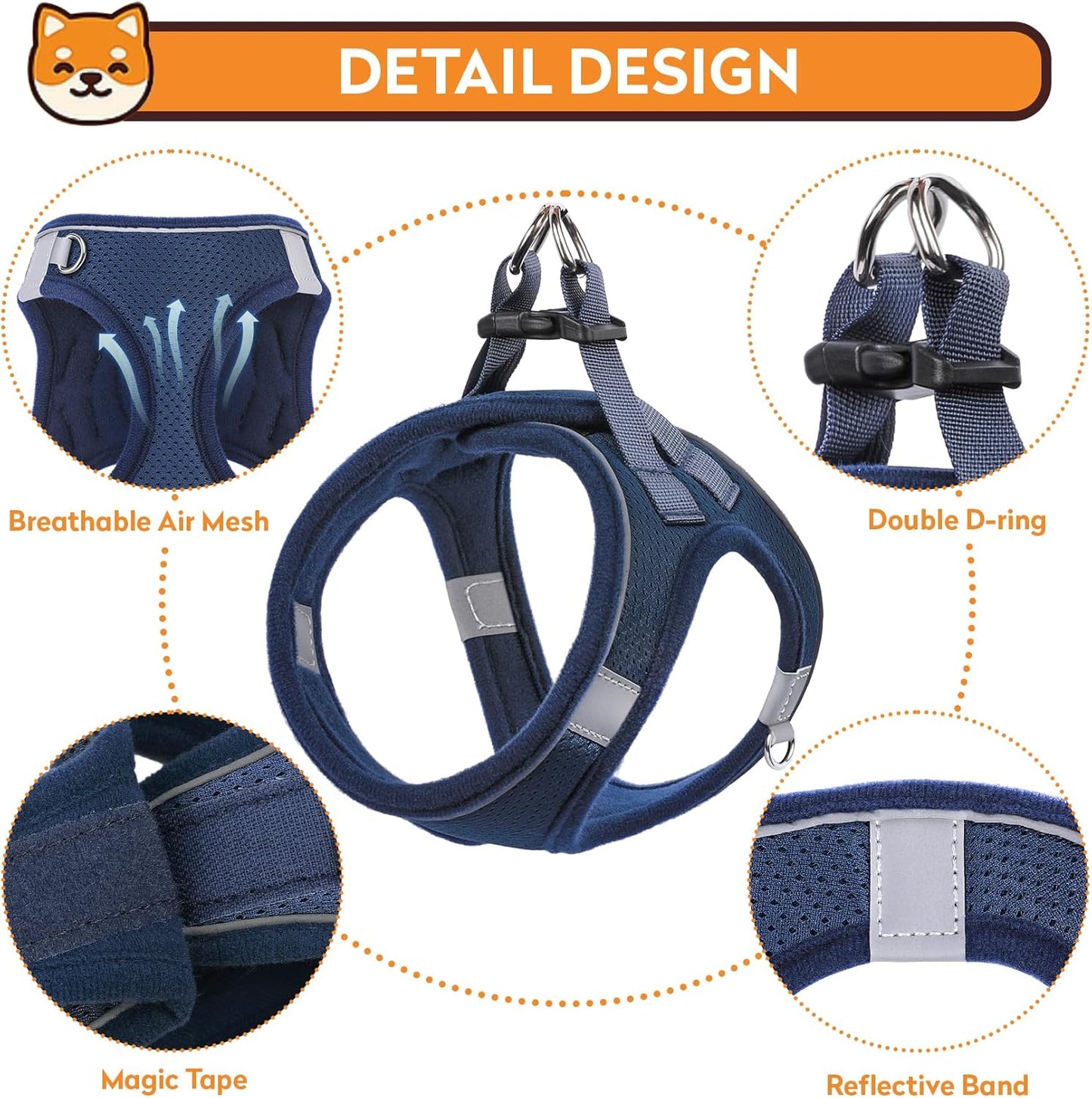 Dog Harness with Leash Set, No-Pull Step-in Reflective Pet Harness with 1 Leash Clips, Adjustable Soft Padded Easy Walk Dog Vest for Small Medium Large Dogs, Cats(Dark Blue,Medium)