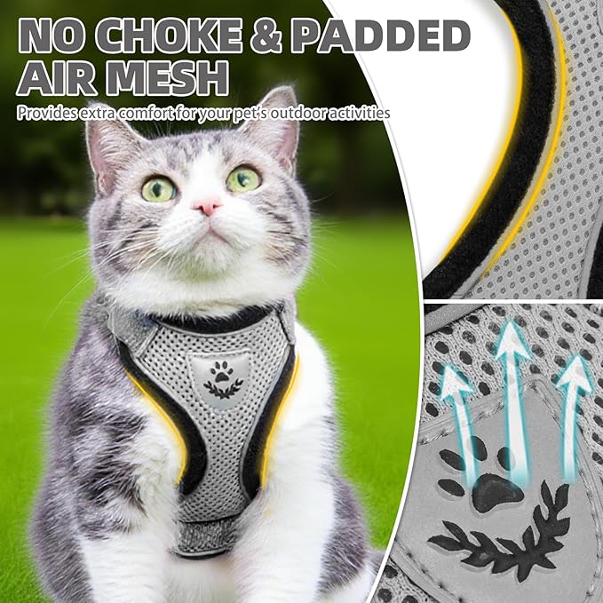 PUPTECK Cat Harness and Leash Set Escape Proof Reflective Cat Walking Harness Adjustable Soft Breathable Mesh Vest for Small Pets, Grey, S