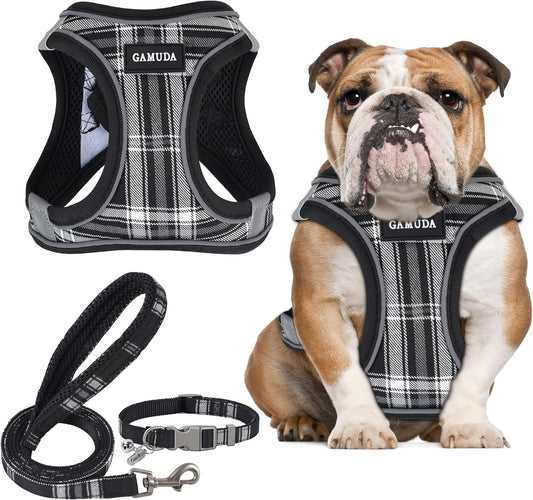 GAMUDA Small Dog Harness Collar and Leash Set, Step in No Chock No Pull Soft Mesh Adjustable Dog Vest Harnesses Plaid Reflective for Dogs Puppy Cats Kitten Rabbit (Black, L)