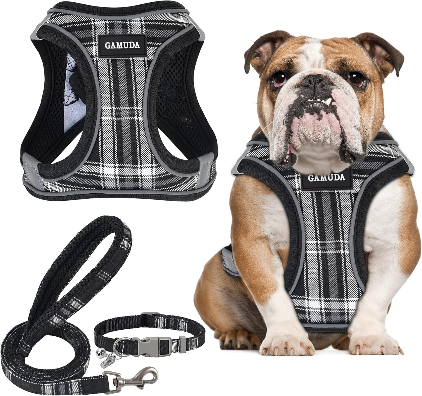GAMUDA Small Dog Harness Collar and Leash Set, Step in No Chock No Pull Soft Mesh Adjustable Dog Vest Harnesses Plaid Reflective for Dogs Puppy Cats Kitten Rabbit (Black, XL)