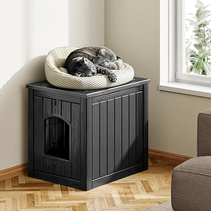 KAMABOKO Outdoor Cat House, Weatherproof Plastic Cat Shelter for Indoor & Outdoor, Durable All-Season Pet House for Feral, Stray & Domestic Cats (L-Black)