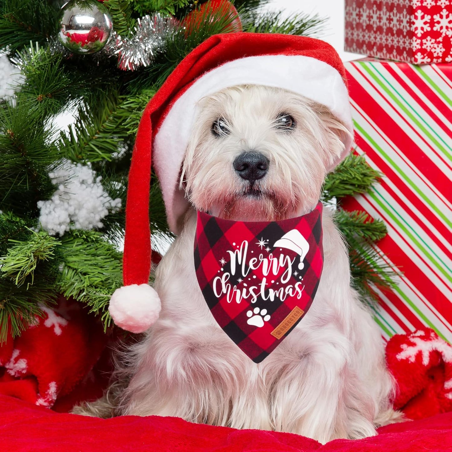 ADOGGYGO Christmas Dog Bandanas, Red Green Plaid Dog Scarf Bib, Premium Cotton Fabric, Multiple Sizes, Merry Christmas Bandanas for Small Dogs (Small)