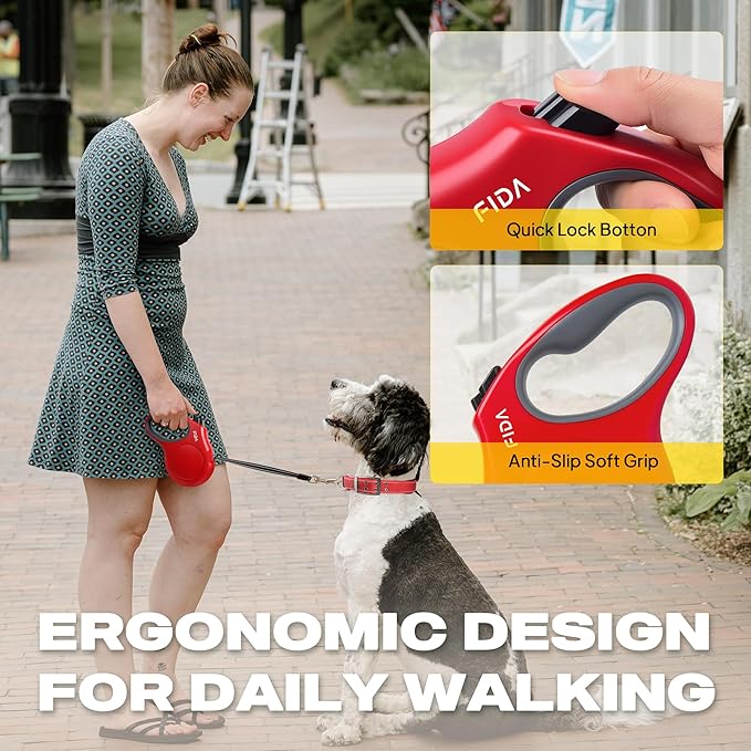 Fida Retractable Dog Leash, 16 ft Dog Walking Leash for Small and Medium Dogs up to 44lbs, 360° Tangle-Free, Red