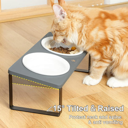 Sunhoo Ceramic Elevated Cat Bowls Raised Puppy Dishes for Food and Water Tilted Wooden Stand for Indoor Cats 5.5 inch Wide Double Dish Orthopedic Reduces Vomiting (Grey)
