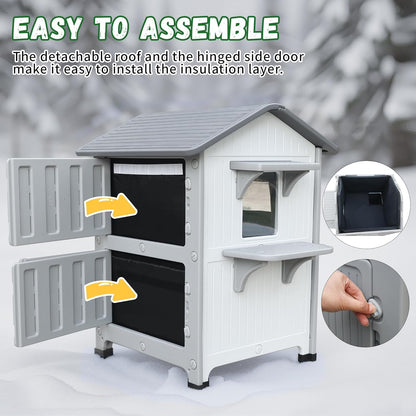 Insulated Outdoor Cat Houses - Waterproof 2 Story Cat House for Outside with Escape Door for Winter，Elevated Outdoor Cat House for Feral Stray Barn Cat Kitty