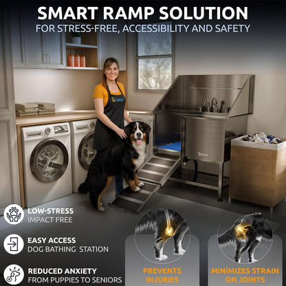 KANIS Professional Dog Washing Station - 304 Stainless Steel Pet Wash Sink & Grooming Bathtub w/Shower, Floor Grates and Storage for Large, Medium & Small Pets (40", Shelf - Left Ramp)