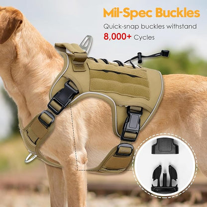 Heavy-Duty Tactical Dog Harness for Large Dogs, No Pull Adjustable Reflective Pet Vest with Molle System, K9 Military-Grade Control for Service Training, Outdoor & 10+ Breeds, Khaki, Large